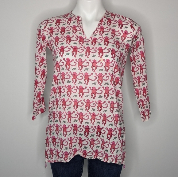 Roberta Roller Rabbit pink white monkey print sheer tunic blouse 8 - Picture 1 of 10